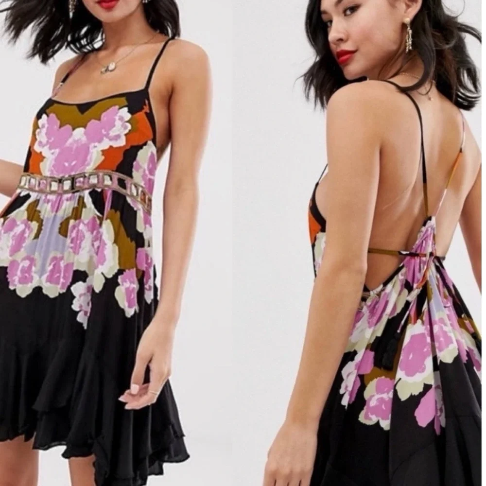 Free People Intimately Sweet Lucy Mini Slip Dress Floral Ruffle Small